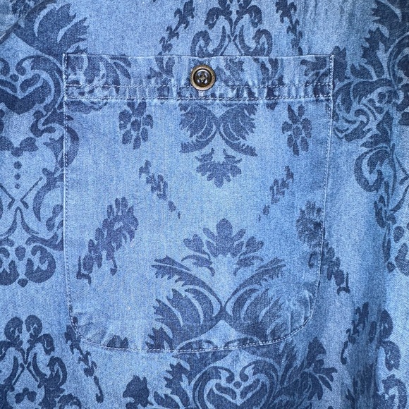 Damask Print Denim Button Down Shirt Roll Tab Long Sleeve - Picture 2 of 6